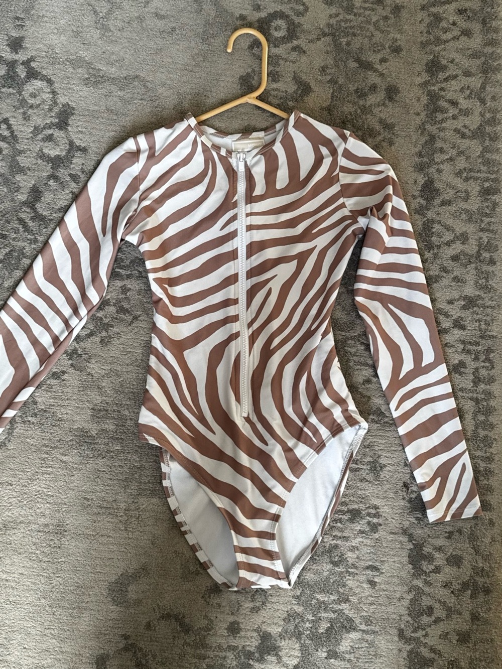 Michael Kors Brown and White Zebra-Stripe Zip Front One-Piece